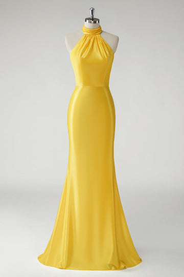 Vestido de fiesta largo de satén halter de sirena amarillo